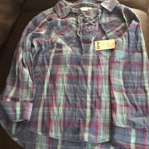 purple pink and blue plaid shirt